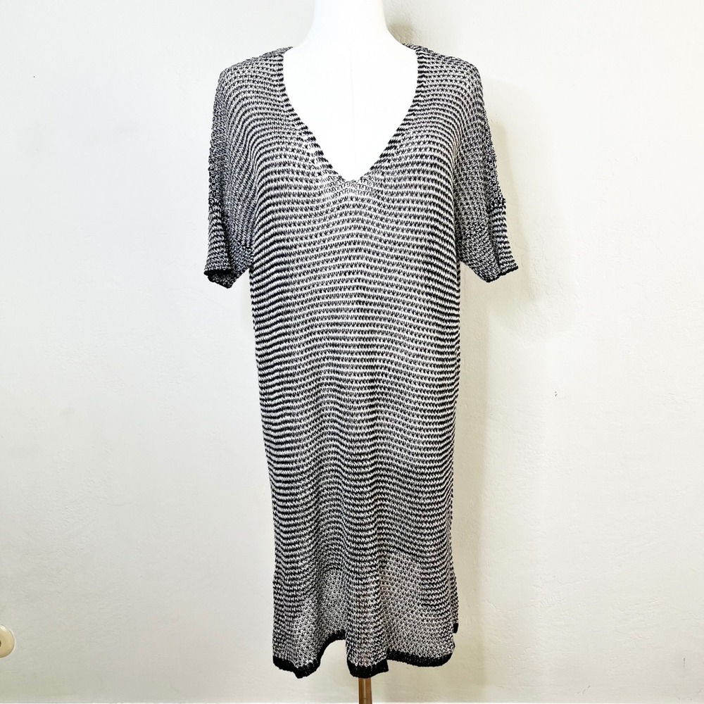 Eileen Fisher Black White Striped Open Knit‎ V-Neck Shift Dress Short Sleeve M